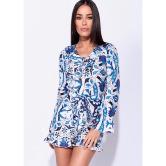 ABSTRACT TILE PRINT FRILL WASTE PLAYSUIT - Picture 7 of 8